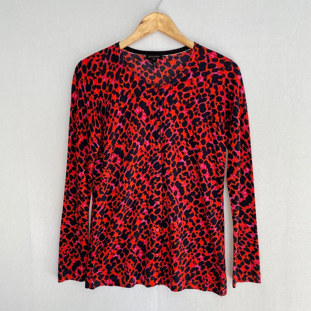ESCADA Women’s Size Medium Red Print Crew Neck Cardigan Sweater